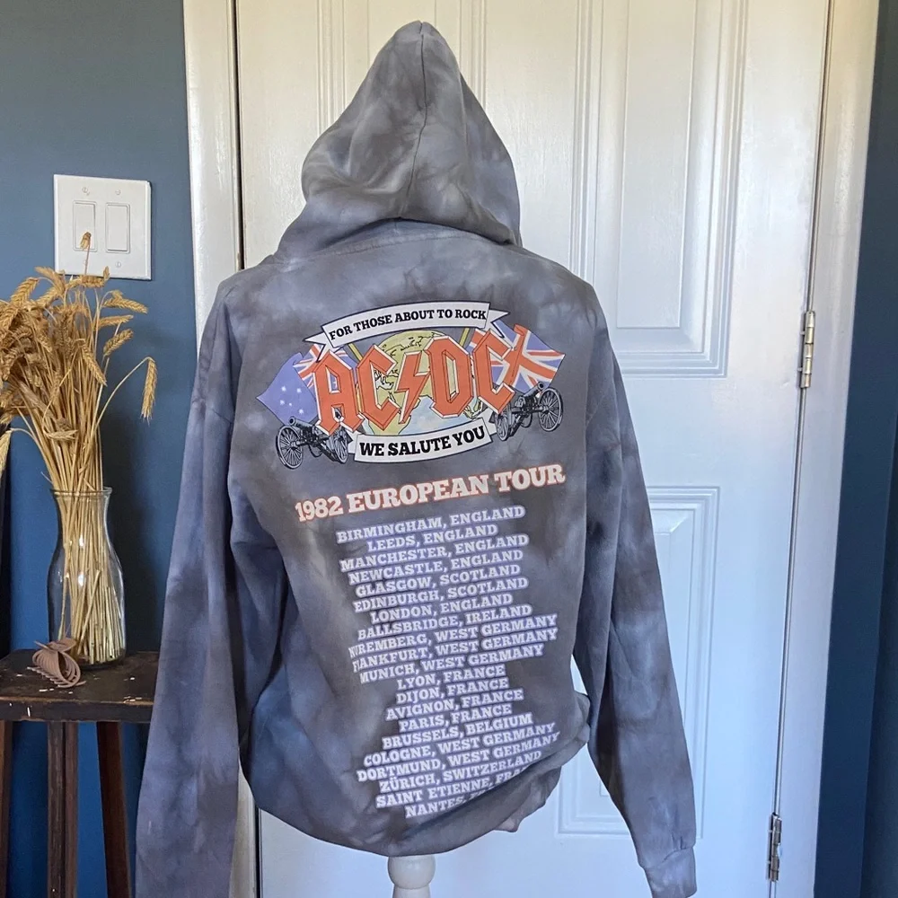 AC/DC Gray Tie-Dye Hoodie with Multicolor Graphic
